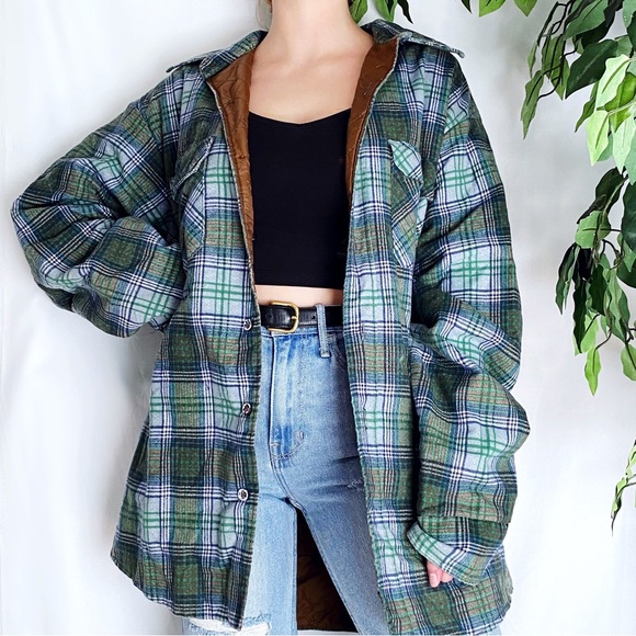 Vintage Jackets & Blazers - Vintage Oversized Blue + Green Plaid Quilted Button Down Shacket Coat